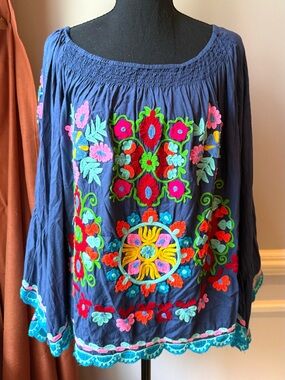 Ruby Yaya Embroidered Boho Peasant Top Bell Sleeve Navy Floral Blouse Large